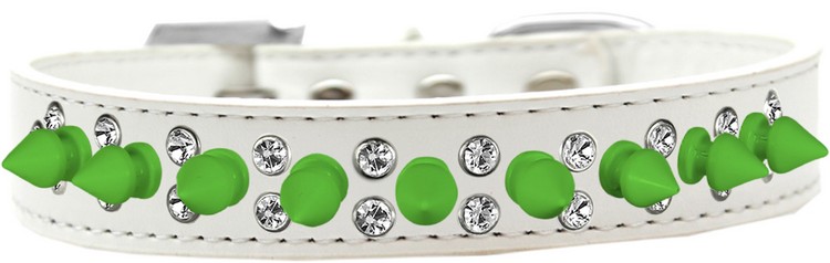 Double Crystal and Neon Green Spikes Dog Collar White Size 12